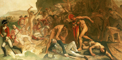 Johann Joseph Zoffany (1733—1810), Der Tod des Captain Cook am 14. Februar 1779, London, begonnen 1789 (?), ?�l auf Leinwand, 137,2 x 182,9 cm © National Maritime Museum, London, Greenwich Hospital Collection.