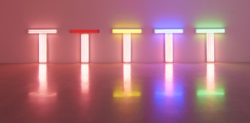 Ausstellungsansicht Dan Flavin – Lights, mumok, 13.10.2012 – 3.2.2013, Dan Flavin, untitled (to Don Judd, colorist) 1, 4, 7-10, 1987, Photo: mumok © Stephen Flavin/VBK Wien, 2012
