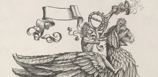 Hans Burgkmair der Ältere, Der Verkünder des Triumphes aus dem Triumphzug Kaiser Maximilians I., Detail, 1516-18 (3. Ausg. 1796), Holzschnitt © Albertina, Wien