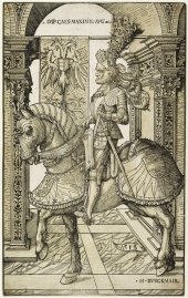 Hans Burgkmair der Ältere, Kaiser Maximilian zu Pferd, 1508 (Zustand von 1518), Holzschnitt mit schwarzer Linienplatte und graubrauner Tonplatte © Albertina, Wien