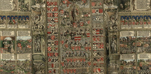 Albrecht Dürer, Ehrenpforte des Kaisers Maximilian I., Detail, 1515 (3. Ausgabe 1559), Holzschnitt, koloriert, aufgezogen, gerollt © Albertina, Wien