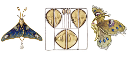 Orchideenbrosche, um 1902-05, Entwurf: Andr?�-Fernand Thesmar, Ausf??hrung: Henri Hirn?�, Paris, Hessisches Landesmuseum Darmstadt - Brosche, 1905, Entwurf: Josef Hoffmann Ausf??hrung: Wiener Werkst?�tte - Schmetterling-Broschen, um 1910, Entwurf: Gustav Fischmeister Ausf??hrung: Fa. Rozet & Fischmeister.
