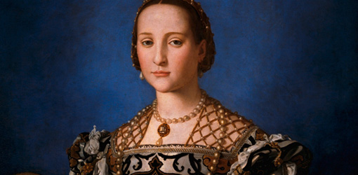 Bronzino, Porträt der Eleonora di Toledo mit Sohn Giovanni, Detail, 1545, 115 x 96 cm. Firenze, Galleria degli Uffizi, inv. 1890 n. 748.