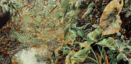 Franz Gertsch, Soufrière (Guadeloupe), Detail, 2012–2013, Eitempera auf ungrundierter Baumwolle, 250 x 370 cm, Besitz des Künstlers © Franz Gertsch, 2013, Foto: Dominique Uldry, Bern.