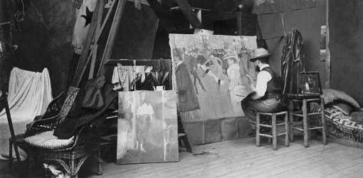 Maurice Guibert, Lautrec arbeitet am Gem?�lde „La Danse au Moulin-Rouge“, Detail, 1894, Neuabzug von einem Glasnegativ, Albi, Mus?�e Toulouse-Lautrec © Mus?�e Toulouse-Lautrec, Albi - Tarn - France.