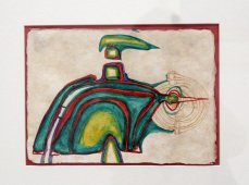 Friedensreich Hundertwasser, 418 Dalei Lama – Flucht mit durchbohrter Spirale, 1959, Sammlung Christian Baha, Ausstellungsansicht „Hundertwasser, Japan und die Avantgarde“, Belvedere, Orangerie, 6.3.-30.6.2013, Foto: Alexandra Matzner.