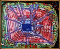 Friedensreich Hundertwasser, 475 Blutregen tropft in japanisches Wasser, das in einem österreichischen Garten liegt, 1961, Sammlung Würth, Ausstellungsansicht „Hundertwasser, Japan und die Avantgarde“, Belvedere, Orangerie, 6.3.-30.6.2013, Foto: Alexandra Matzner.