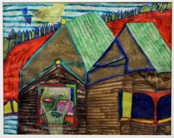 Friedensreich Hundertwasser, 582 Ho-Chi-Minh träumt von Österreich/Das imaginäre Haus, 1963, Privatsammlung, Ausstellungsansicht „Hundertwasser, Japan und die Avantgarde“, Belvedere, Orangerie, 6.3.-30.6.2013, Foto: Alexandra Matzner.