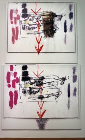 Jürgen Messensee, Zeitpfeil, 2011, Jet, Acryl, 2 Leinwände, 200 x 243 cm, Privatsammlung © Lena Deinhardstein, Foto: Alexandra Matzner.