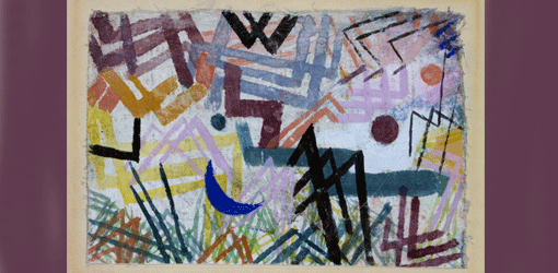 Paul Klee, Spiel der Kräfte einer Lechlandschaft, 1917,102, Aquarell auf Kreidegrundierung auf Leinwand und Papier auf Karton, 16,4 x 24,3 cm, Galerie Rosengart, Luzern.