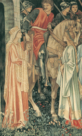 Designed by Sir Edward Coley Burne-Jones, William Morris, and John Henry Dearle, The Arming and Departure of the Knights of the Round Table on the Quest for the Holy Grail, Detail, 1890-1894, tapestry woven in wool and silk on a cotton warp, 240 x 347 cm (94 1/2 x 136 5/8 in.), Collection of Jimmy Page, courtesy of Paul Reeves London