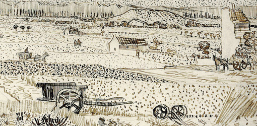 Vincent van Gogh, Ernte in der Provence, Detail, 1888, Rohrfeder, Feder in Braun, Graphitstift © National Gallery of Art, Washington, Collection of Mr. and Mrs. Paul Mellon, in Honor of the 50th Anniversary of the National Gallery of Art, 1992.