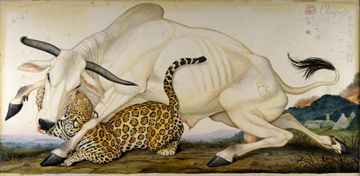 Walton Ford, Chingado, 1998, Aquarell, Gouache, Bleistift und Tinte auf Papier © Walton Ford, Courtesy Paul Kasmin Gallery.