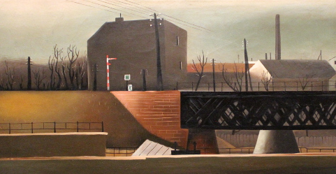 Lois Pregartbauer, Bahnübergang, Detail, um 1922, Öl auf Leinwand, 35 × 75 cm, Privatbesitz.
